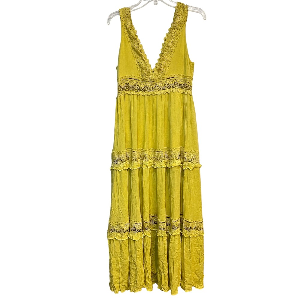 Boho Maxi Dress Yellow Sleeveless V Neck Crochet Lace Tiered Flowy Small‎